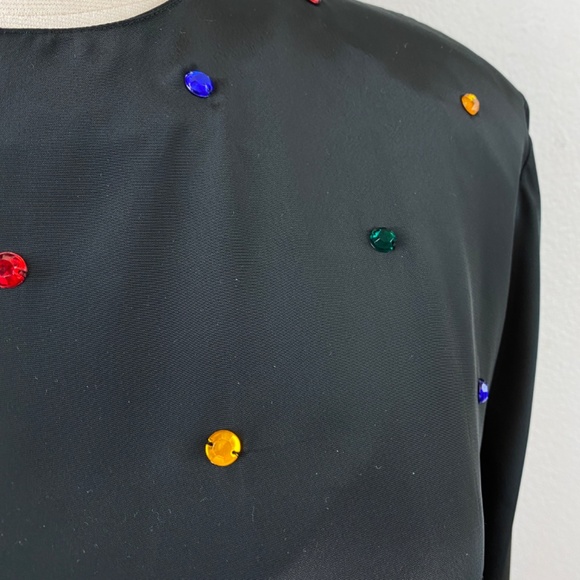 Vintage 90s Black Slinky Rhinestone Blouse Med/Large Long Sleeves Evening Party - Picture 5 of 9
